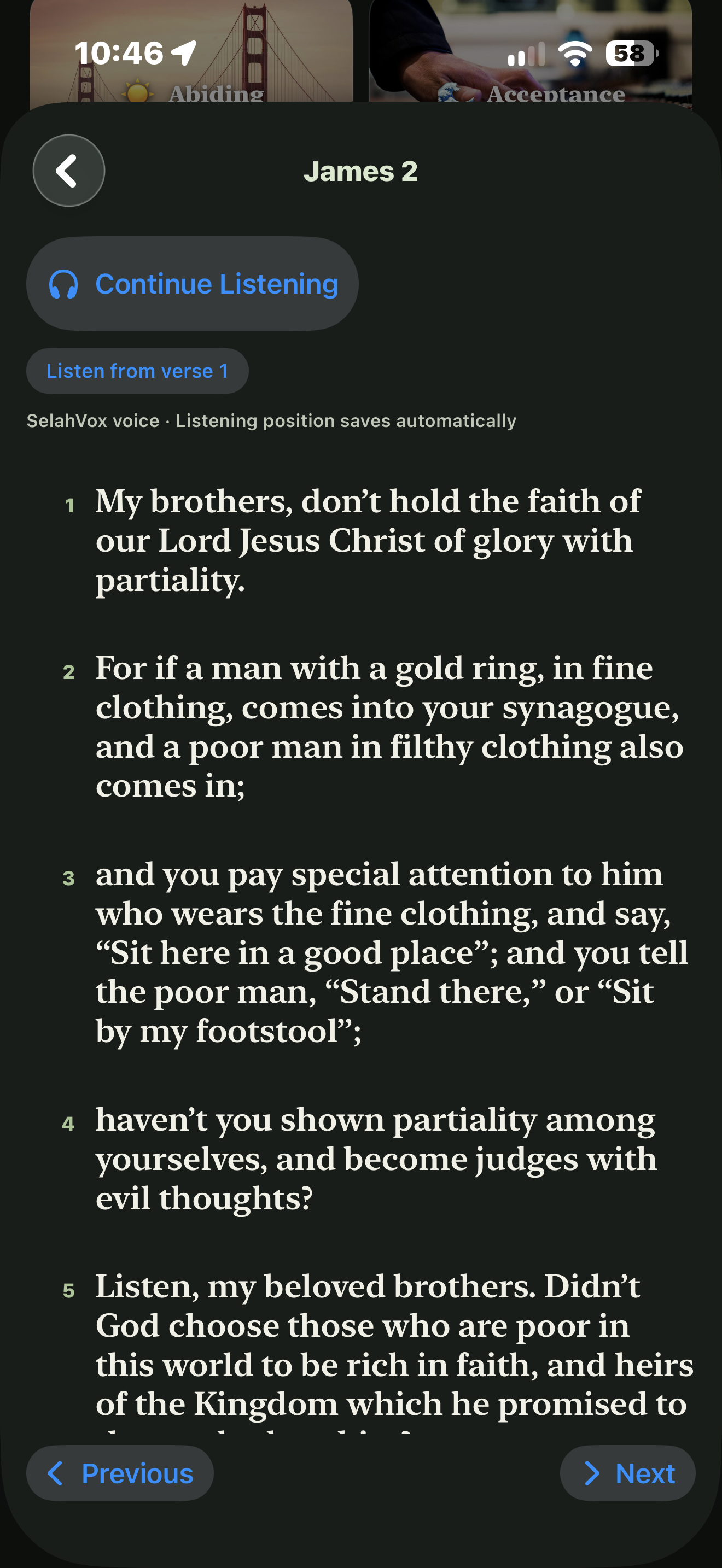 Actual SelahVox Bible reader showing James 2 and listening controls