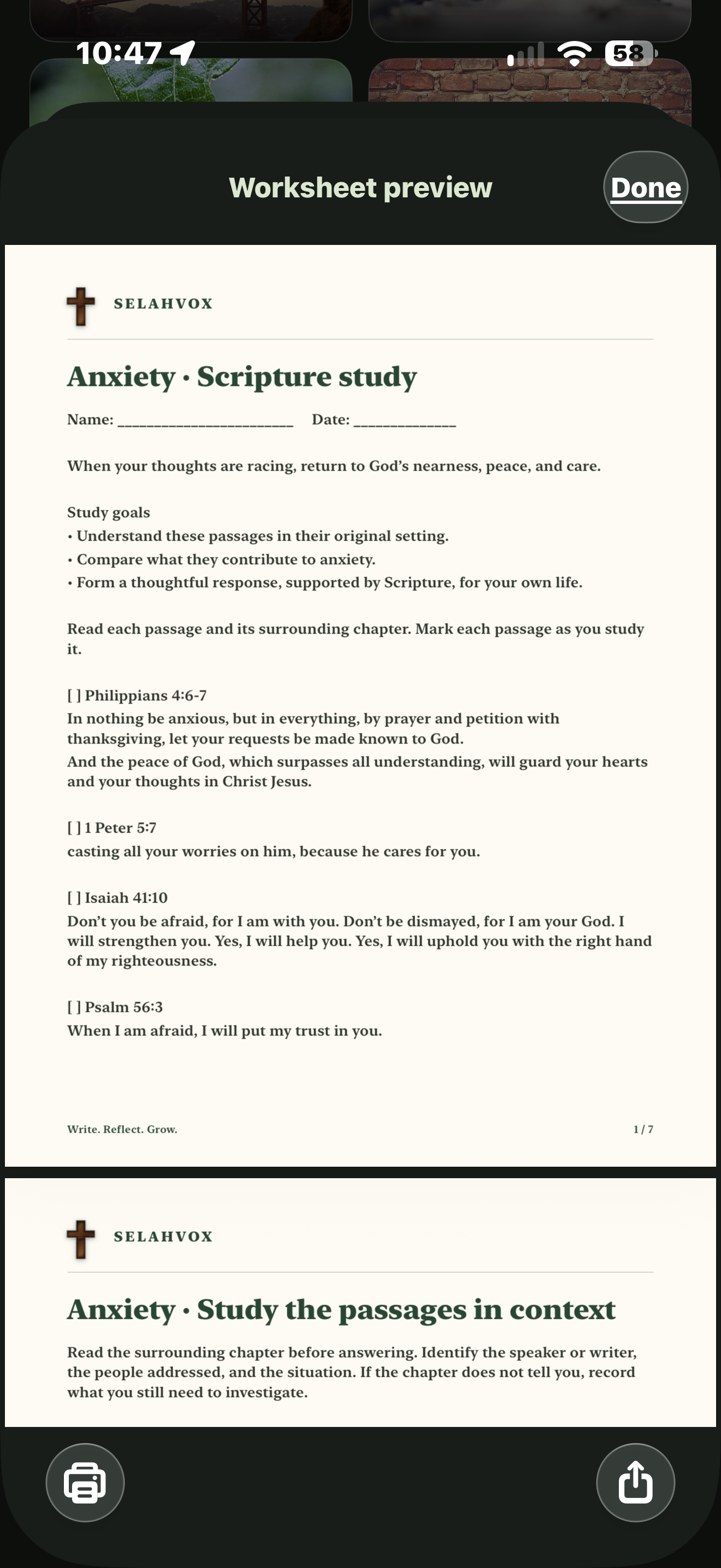 Actual SelahVox Scripture study worksheet preview